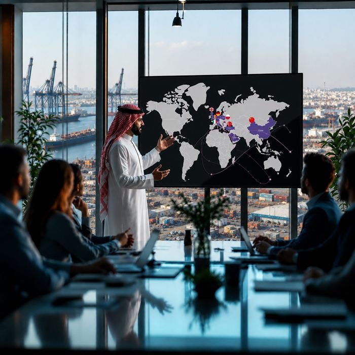 اجتماع شراكة أمام خريطة الموردين حول العالم